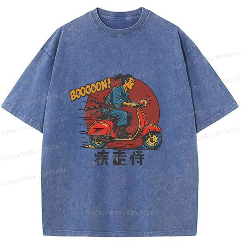 Tokyo-Tiger Samurai On Motorcycle Washed T-Shirt