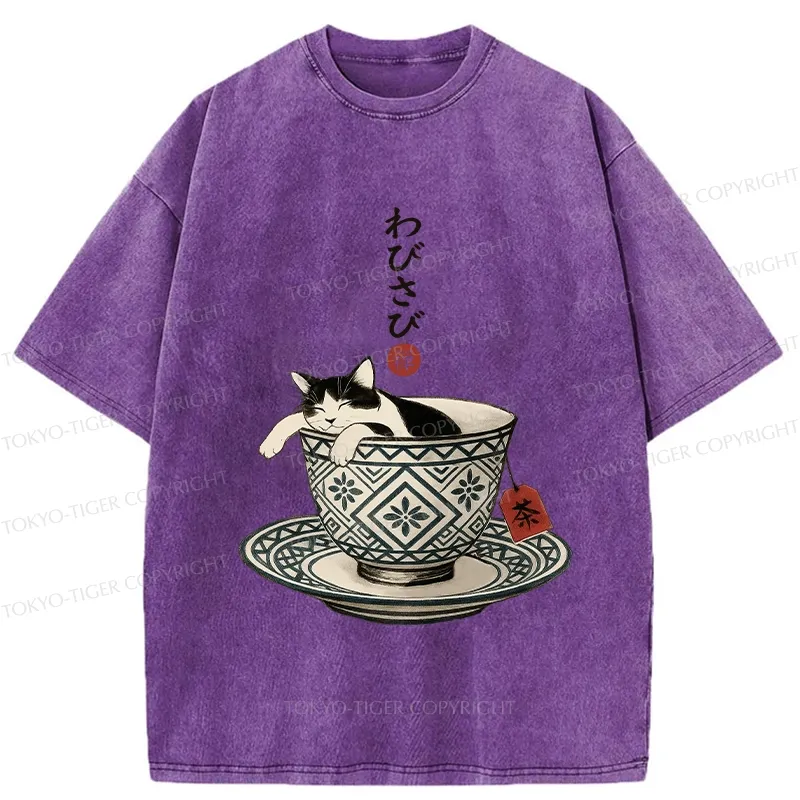 Tokyo-Tiger A Cozy Cat In A Teacup Washed T-Shirt