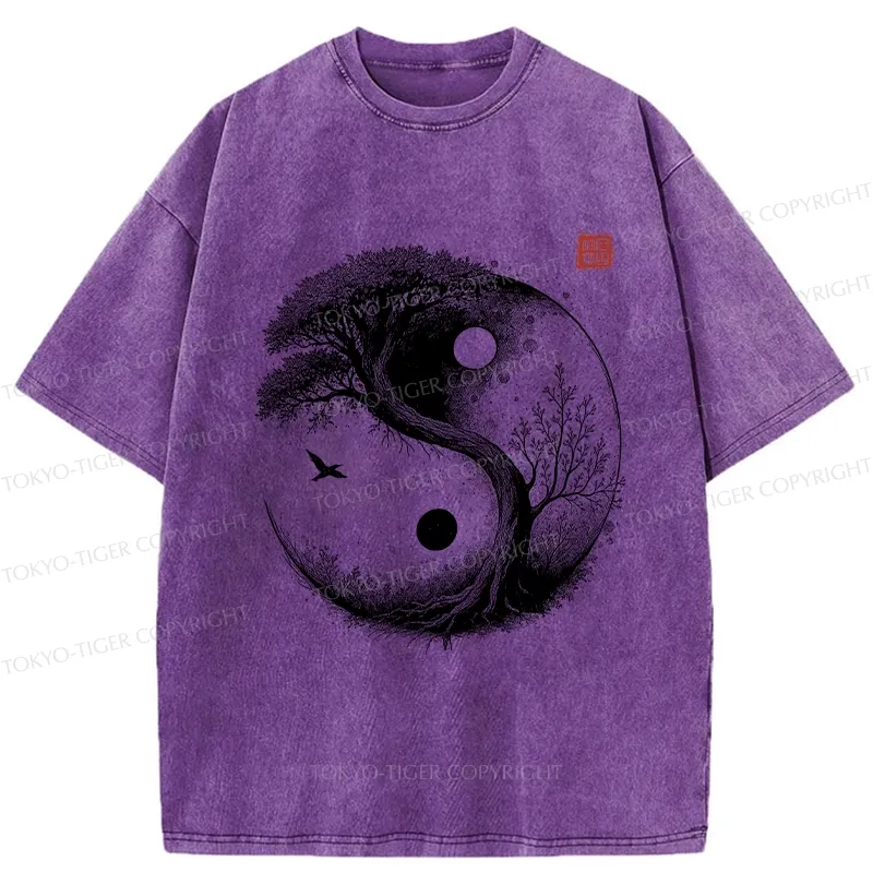 Tokyo-Tiger Yin Yang Bonsai Tree Washed T-Shirt