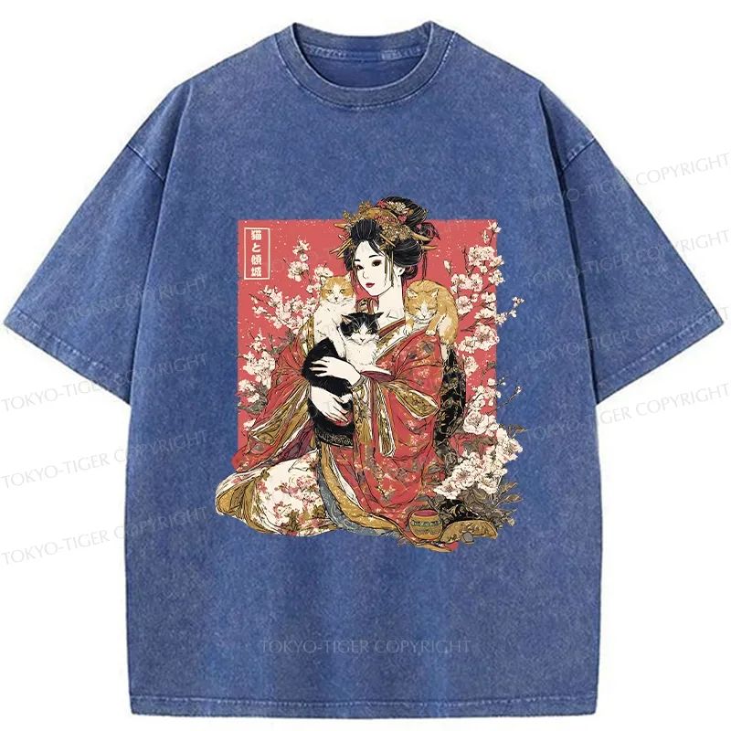 Tokyo-Tiger Geisha And Cats Washed T-Shirt