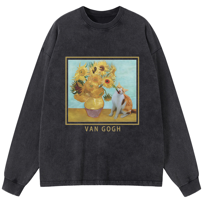 Tokyo-Tiger Naughty Cat Biting Sunflower Washed Long Sleeve T-Shirt