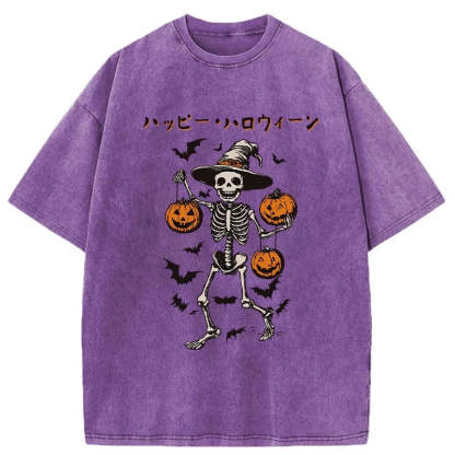 Tokyo-Tiger Skeleton Spooky Season Halloween Washed T-Shirt
