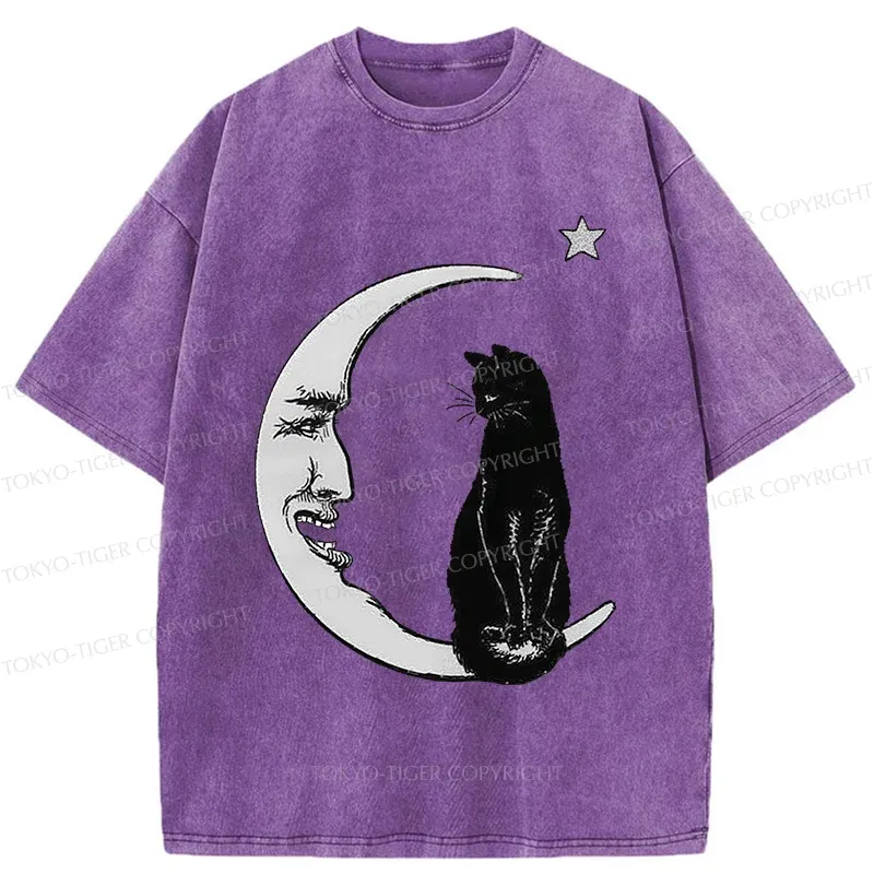Tokyo-Tiger Moon And Cat Washed T-Shirt
