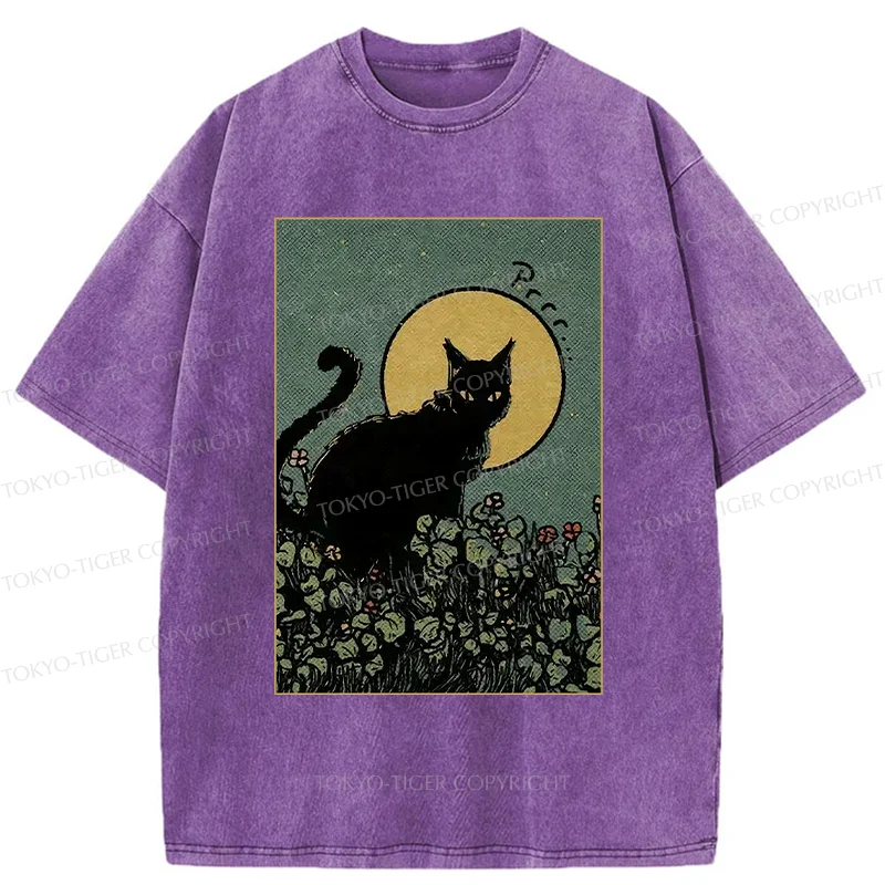 Tokyo-Tiger Black Cat At Night Washed T-Shirt
