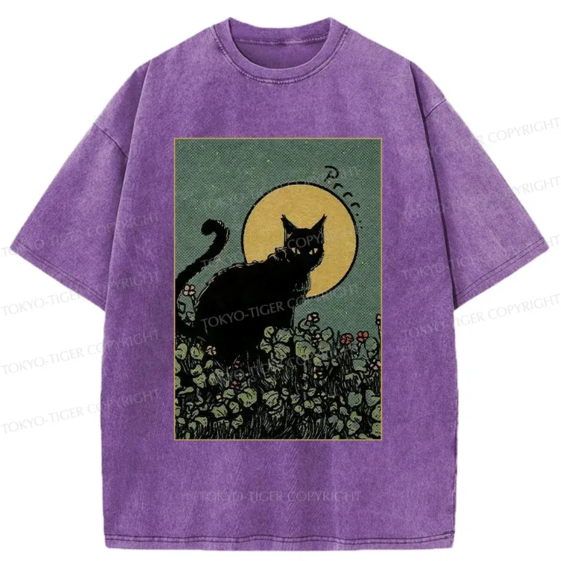 Tokyo-Tiger Black Cat At Night Washed T-Shirt