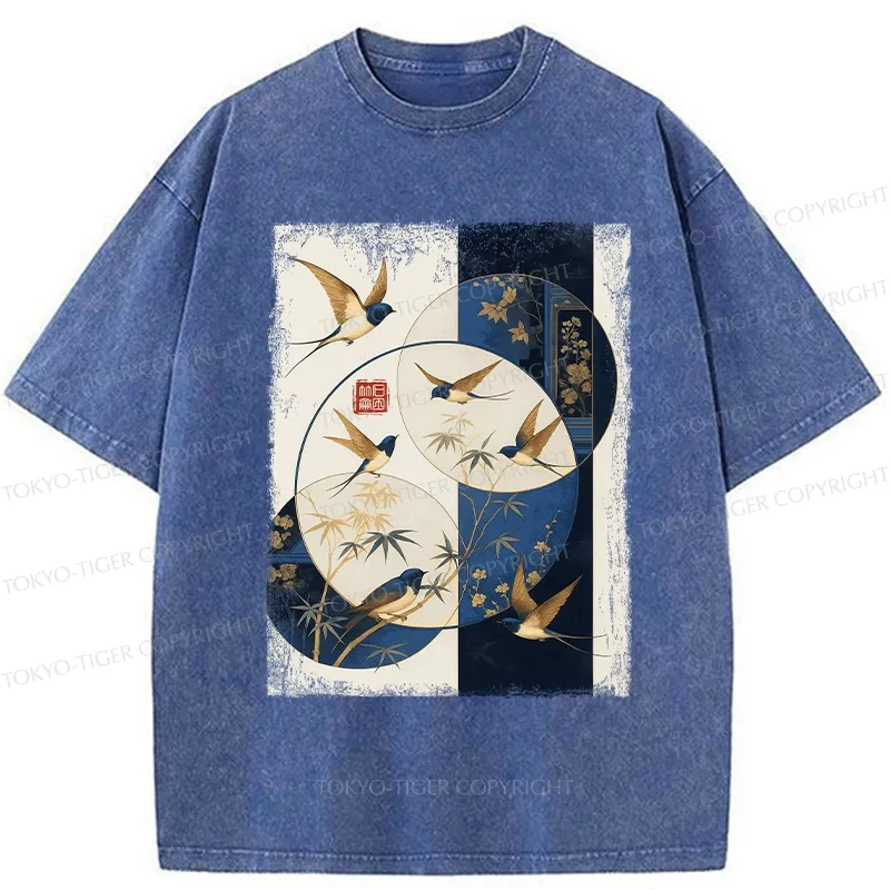 Tokyo-Tiger Swallows Among The Bamboo Washed T-Shirt
