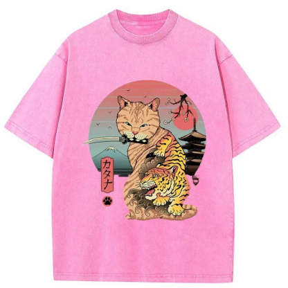 Tokyo-Tiger Katana Cat Tattoo Washed T-Shirt