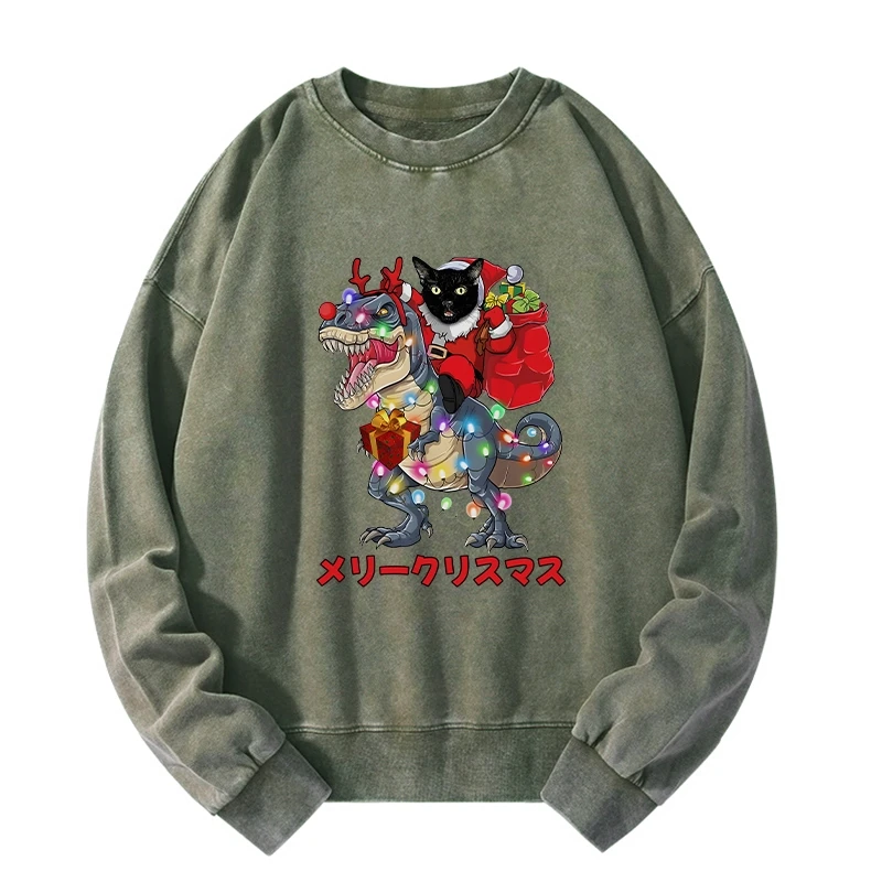 Tokyo-Tiger Cat Riding Dinosaur Christmas Washed Sweatshirt