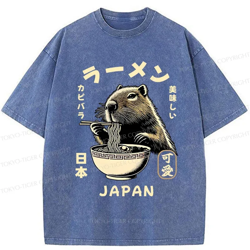 Tokyo-Tiger Retro Capybara Eating Ramen Washed T-Shirt