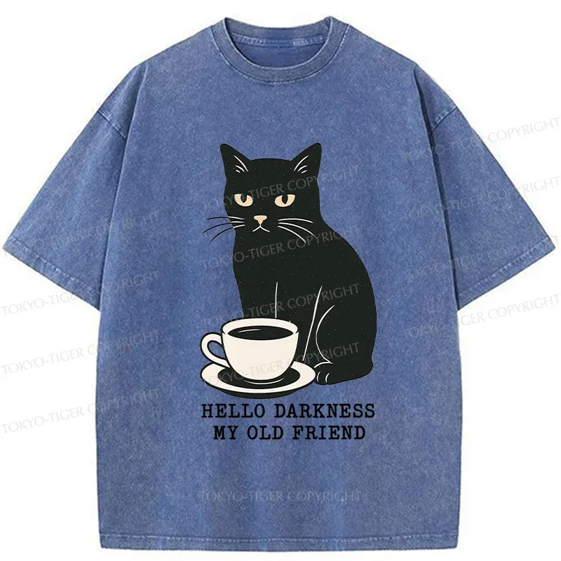 Tokyo-Tiger Black Cat Drinking Coffee Washed T-Shirt