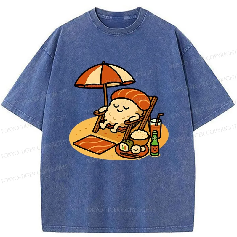 Tokyo-Tiger Funny Sushi Enjoying Sunbathing Washed T-Shirt