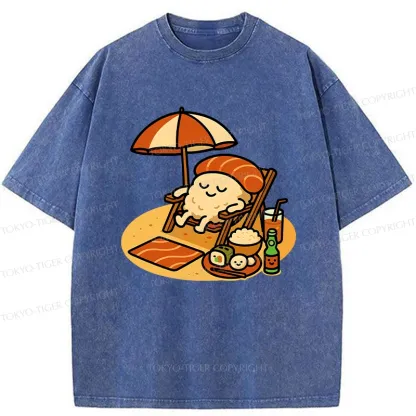 Tokyo-Tiger Funny Sushi Enjoying Sunbathing Washed T-Shirt