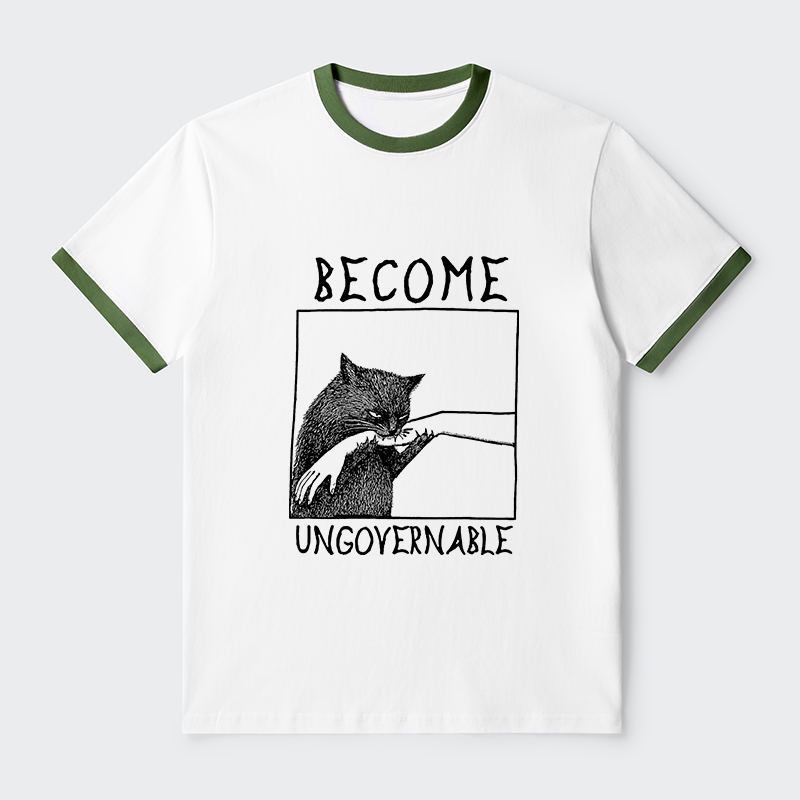 Tokyo-Tiger Cat Biting Arm Contrast Trim T-Shirt