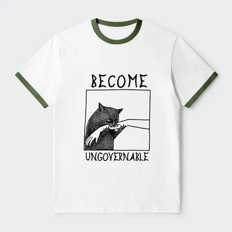 Tokyo-Tiger Cat Biting Arm Contrast Trim T-Shirt