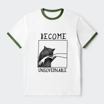 Tokyo-Tiger Cat Biting Arm Contrast Trim T-Shirt