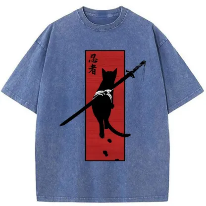 Tokyo-Tiger Lonely Cat Ninja Washed T-Shirt