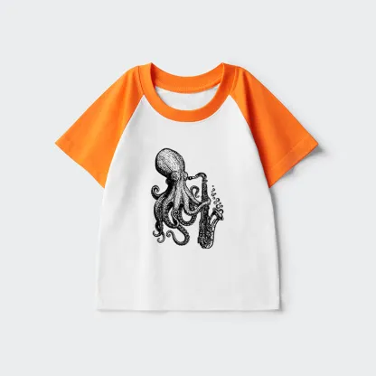 Tokyo-Tiger Octopus Playing Saxophone Kids Raglan T-shirt