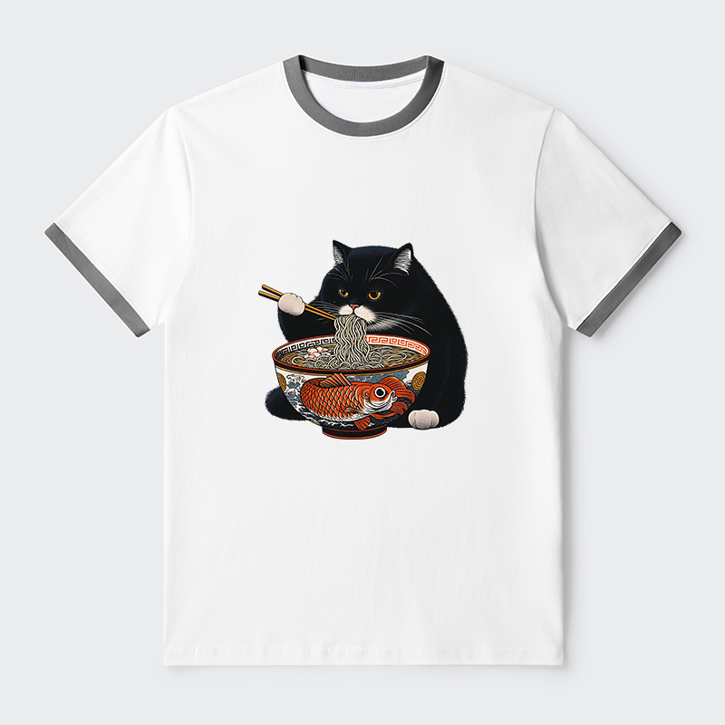 Tokyo-Tiger Fat Cat Eating Ramen Contrast Trim T-Shirt