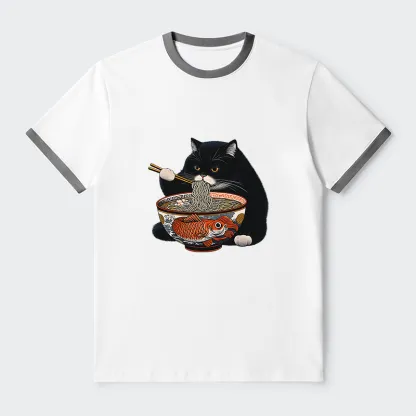 Tokyo-Tiger Fat Cat Eating Ramen Contrast Trim T-Shirt