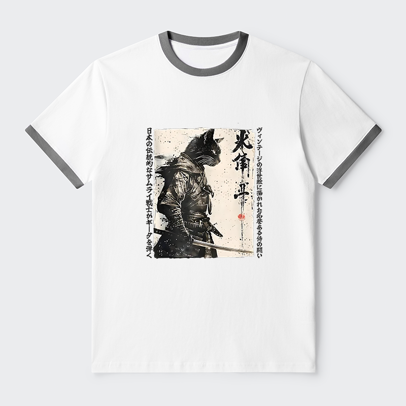 Tokyo-Tiger Cat Samurai Retro Contrast Trim T-Shirt