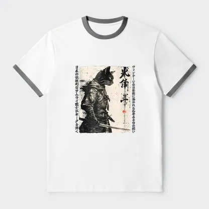Tokyo-Tiger Cat Samurai Retro Contrast Trim T-Shirt