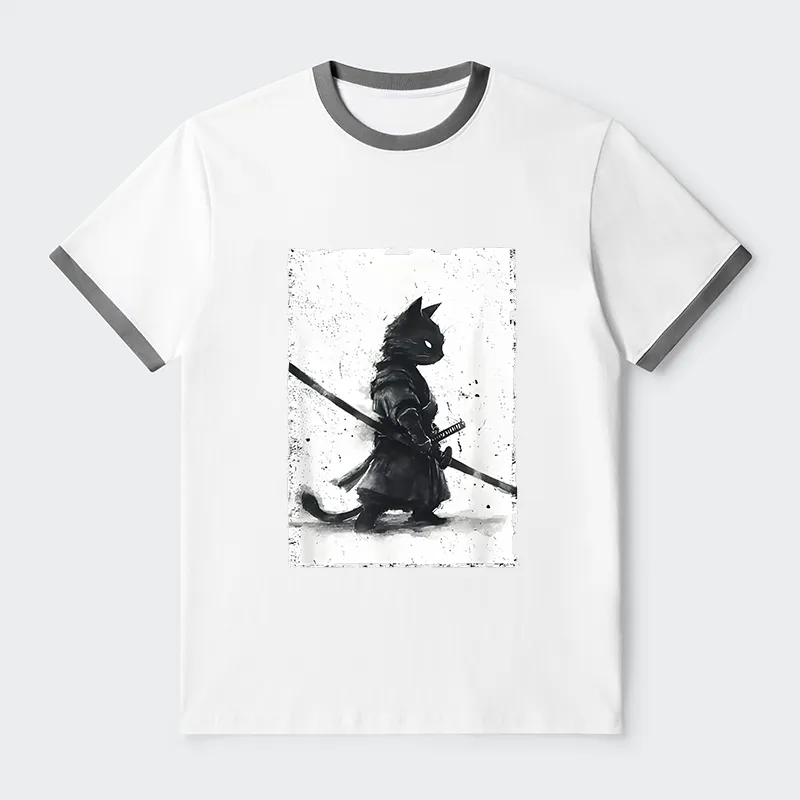 Tokyo-Tiger Retro Cat Samurai Japanese Contrast Trim T-Shirt
