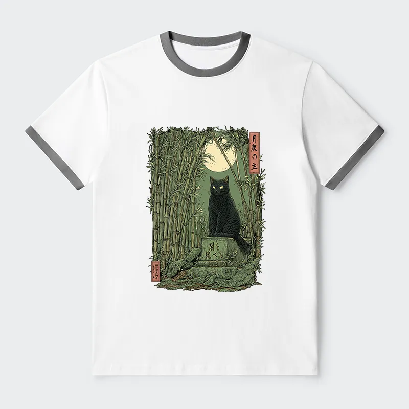 Tokyo-Tiger Black Cat In The Bamboo Forest Contrast Trim T-Shirt