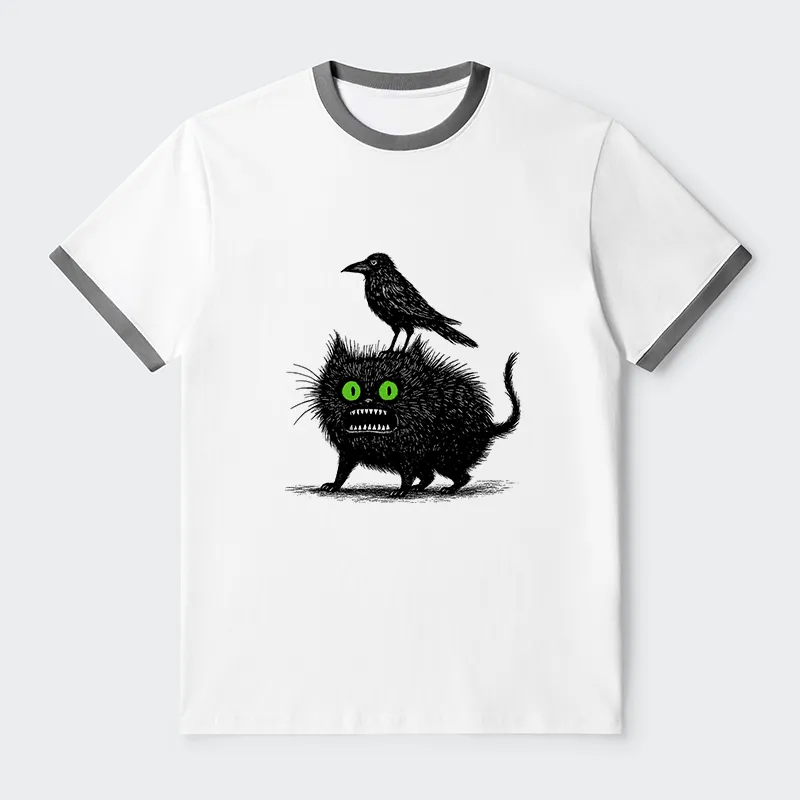 Tokyo-Tiger Crow And Black Cat Contrast Trim T-Shirt
