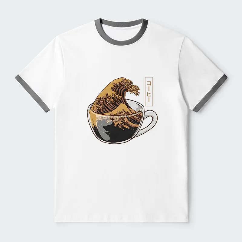 Tokyo-Tiger Coffee Wave Contrast Trim T-Shirt