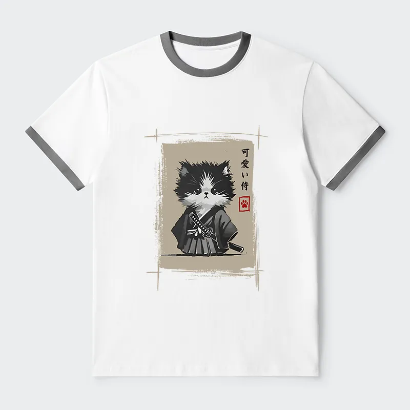 Tokyo-Tiger Kitten Samurai Contrast Trim T-Shirt