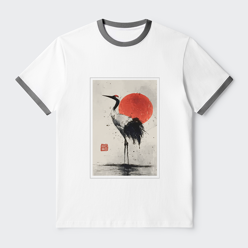 Tokyo-Tiger Retro Japanese Red-crowned Crane Contrast Trim T-Shirt