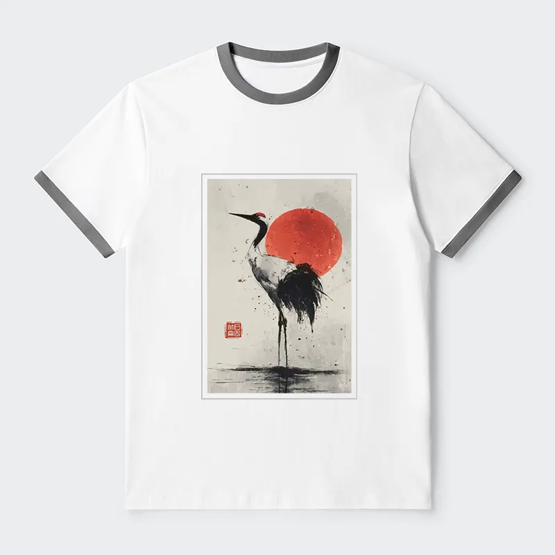 Tokyo-Tiger Retro Japanese Red-crowned Crane Contrast Trim T-Shirt