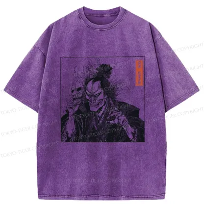 Tokyo-Tiger Samurai Taking Off His Demon Mask Washed T-Shirt