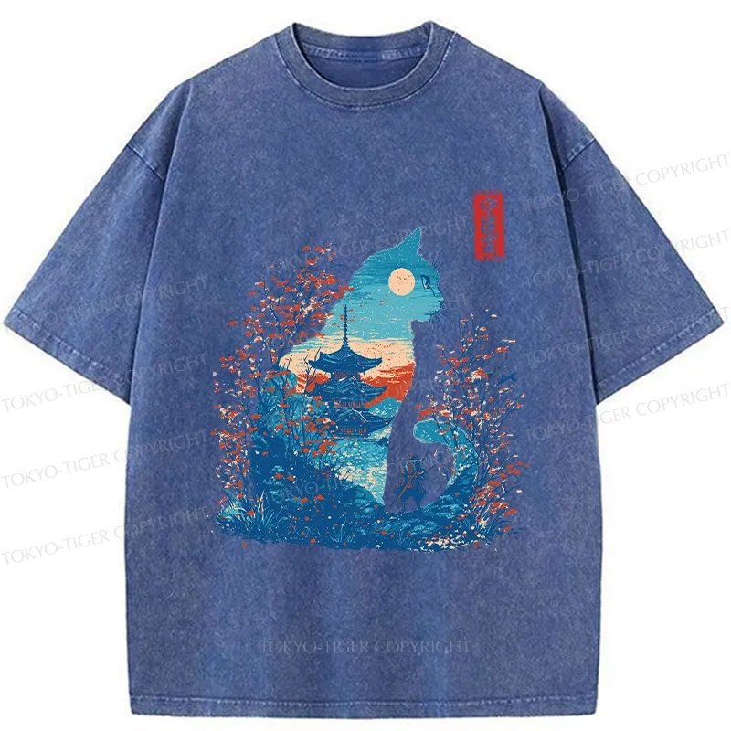 Tokyo-Tiger Cat Guardian Silhouette Washed T-Shirt