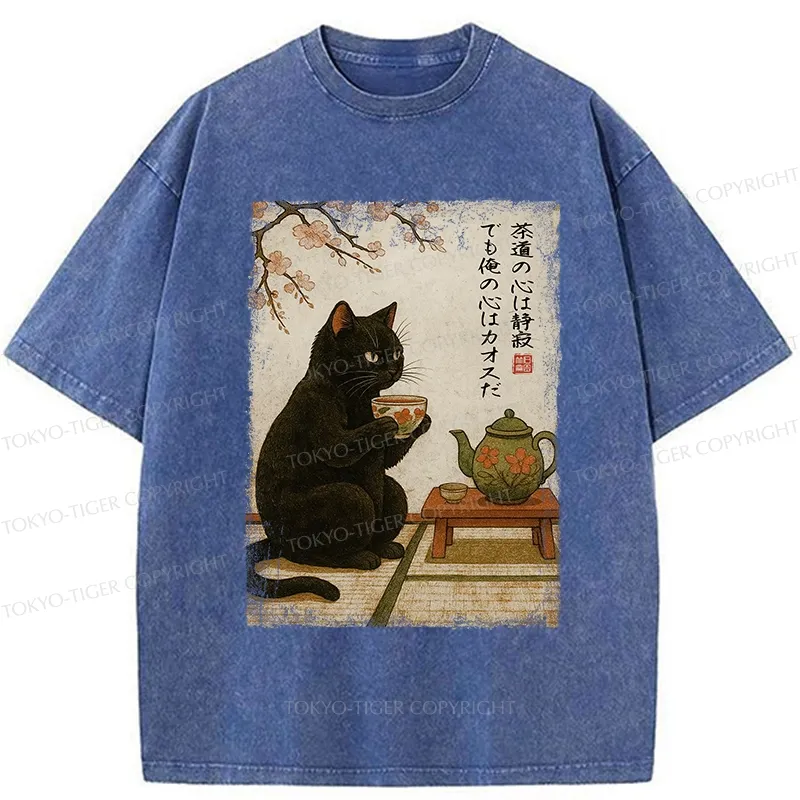 Tokyo-Tiger Tea Time With A Black Cat Washed T-Shirt