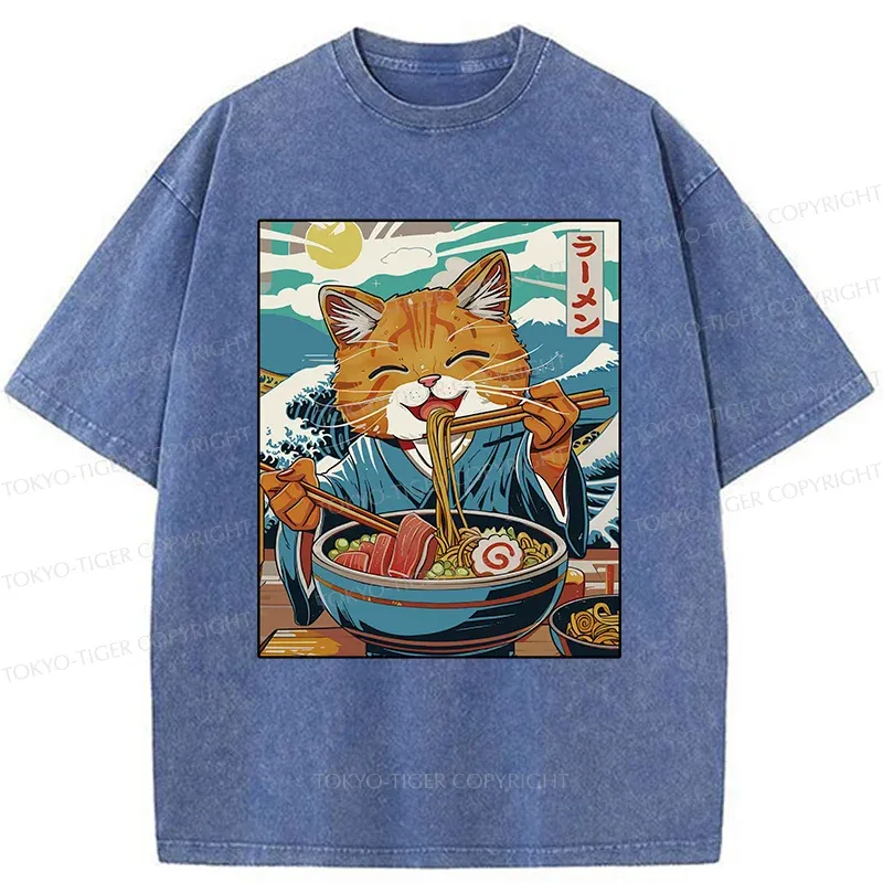 Tokyo-Tiger Orange Cat Eating Ramen Washed T-Shirt