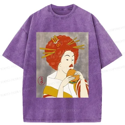 Tokyo-Tiger Japanese Eating Hamburger Washed T-Shirt