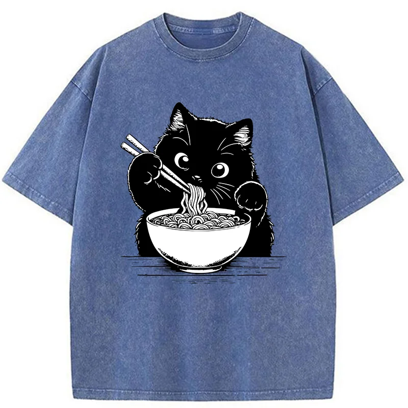 Tokyo-Tiger Cute Cat Eating Ramen Washed T-Shirt