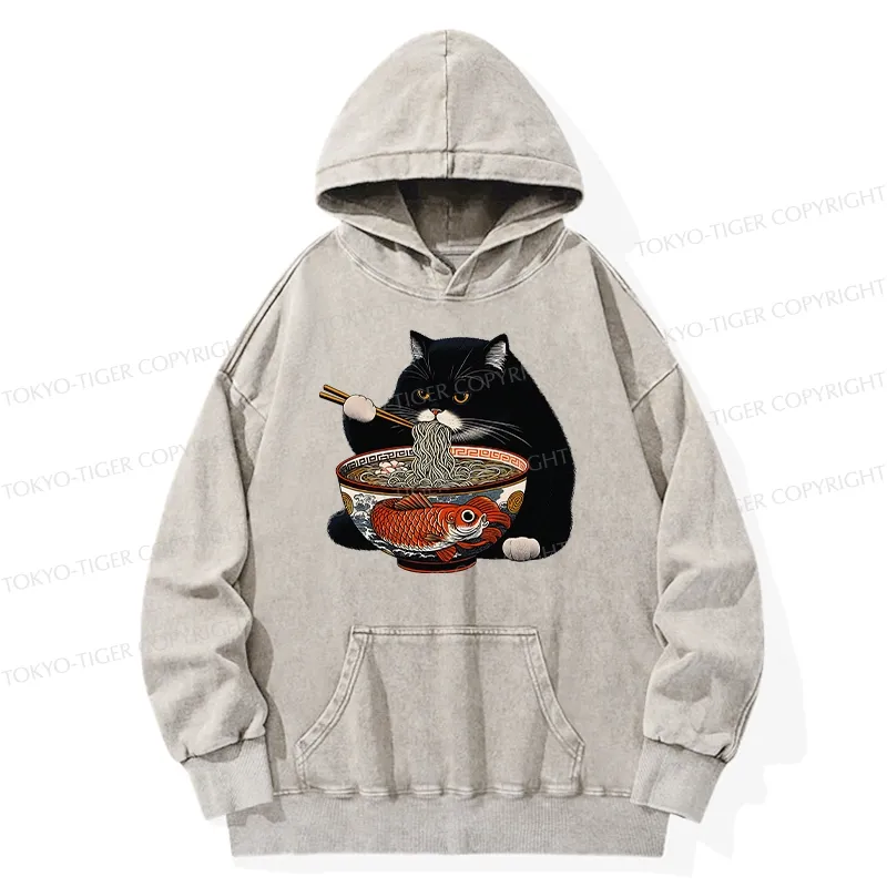 Tokyo-Tiger Fat Cat Eating Ramen Washed Hoodie