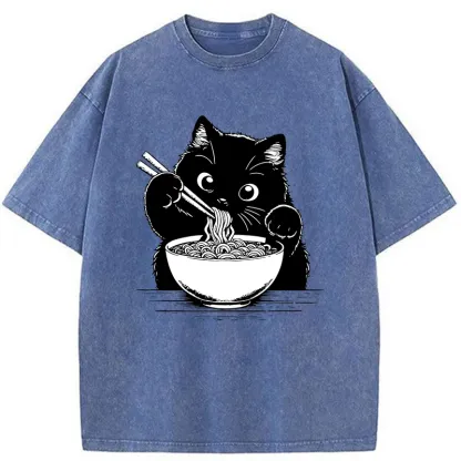 Tokyo-Tiger Cute Cat Eating Ramen Washed T-Shirt