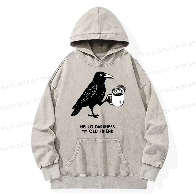 Tokyo-Tiger Crow Drinking Black Coffee Funny Washed Hoodie