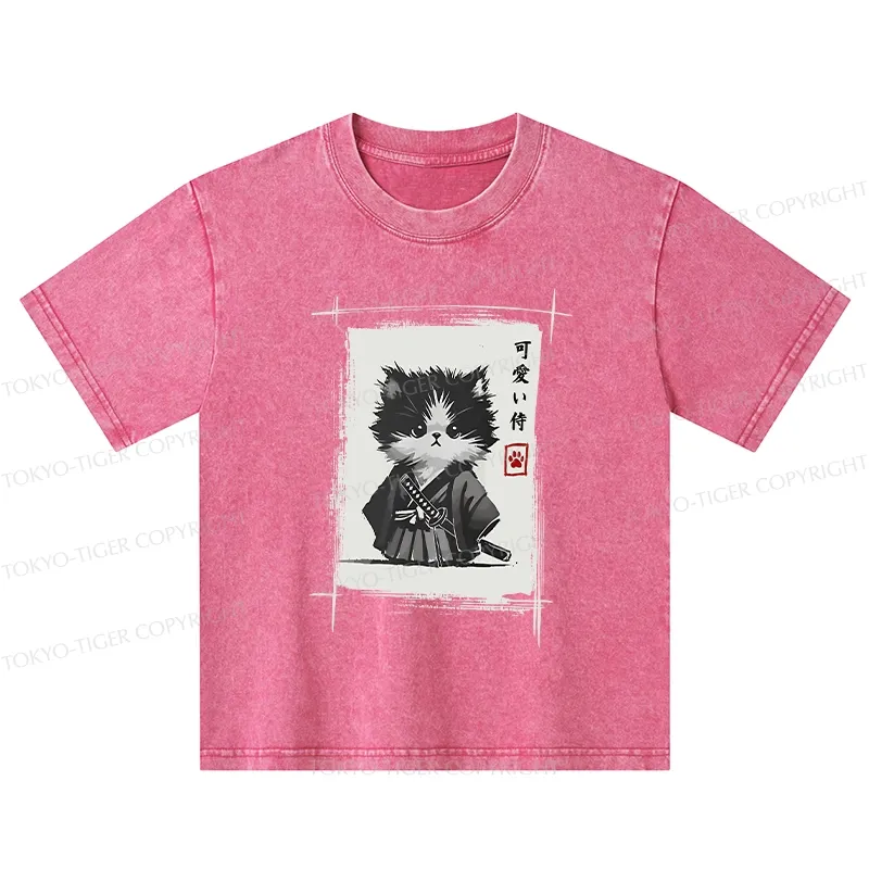Tokyo-Tiger Kitten Samurai Kids Washed T-Shirt