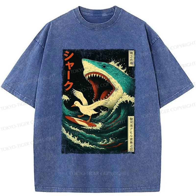 Tokyo-Tiger Duck Riding The Waves Washed T-Shirt