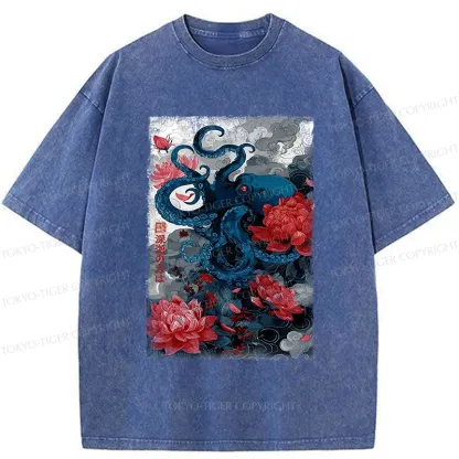 Tokyo-Tiger Deep Sea Retro Octopus Washed T-Shirt
