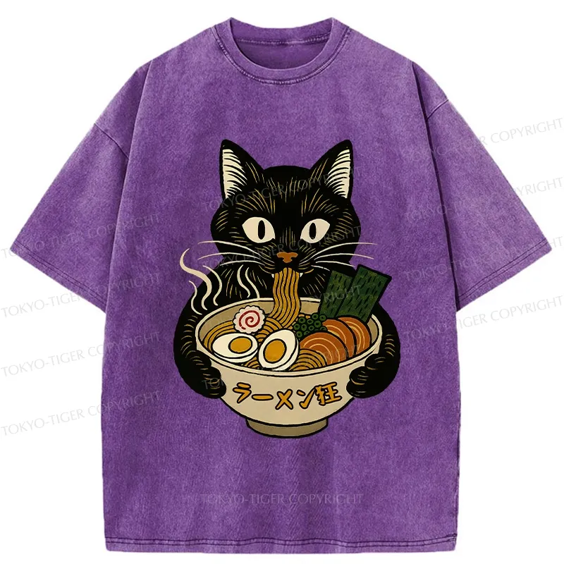 Tokyo-Tiger Ramen Fanatic Cat Washed T-Shirt