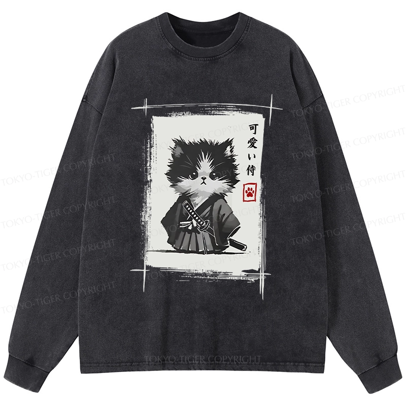 Tokyo-Tiger Kitten Samurai Washed Long Sleeve T-Shirt