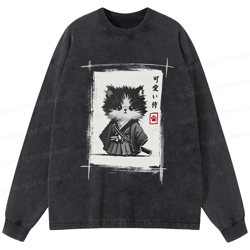 Tokyo-Tiger Kitten Samurai Washed Long Sleeve T-Shirt
