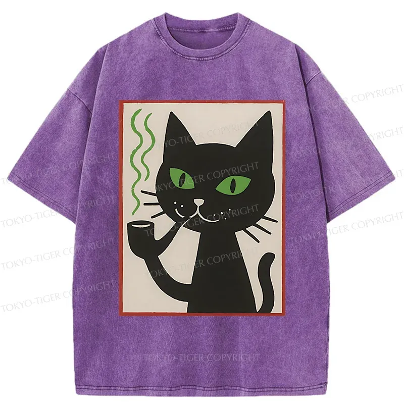 Tokyo-Tiger Black Cat Smoking Washed T-Shirt