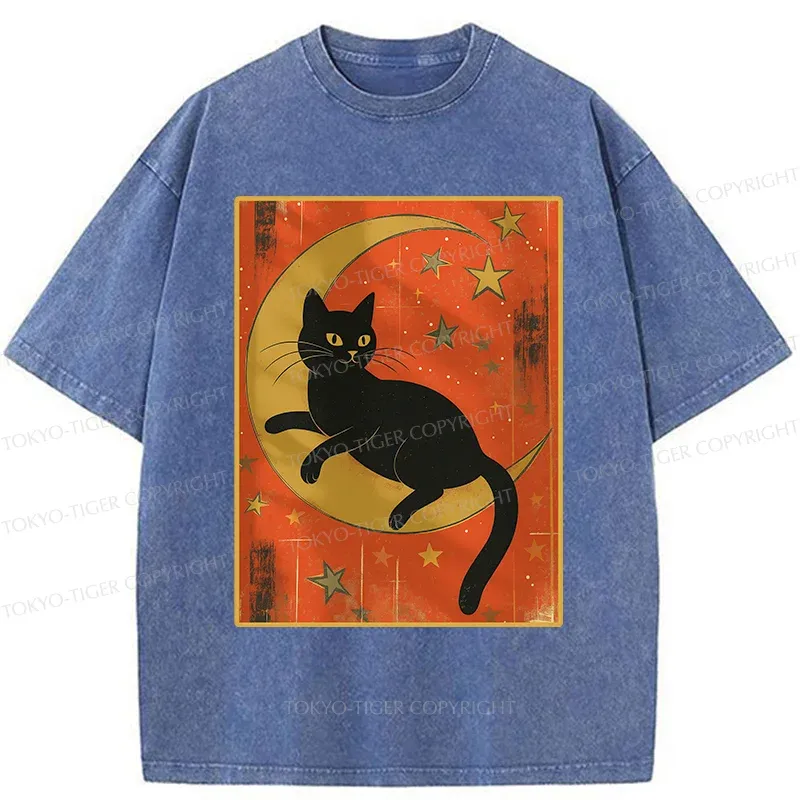 Tokyo-Tiger Black Cat On The Moon Washed T-Shirt
