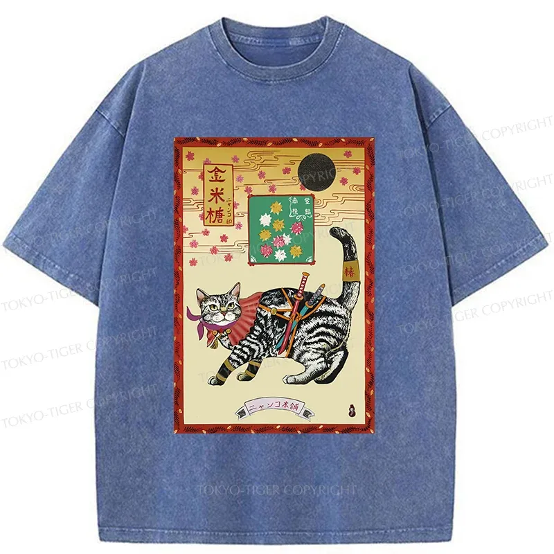 Tokyo-Tiger Retro Samurai Cat Washed T-Shirt